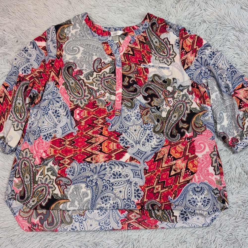 CJ Banks Shirt Womens 1X Blouse Asian Oriental Top Paisley Comfort Casual